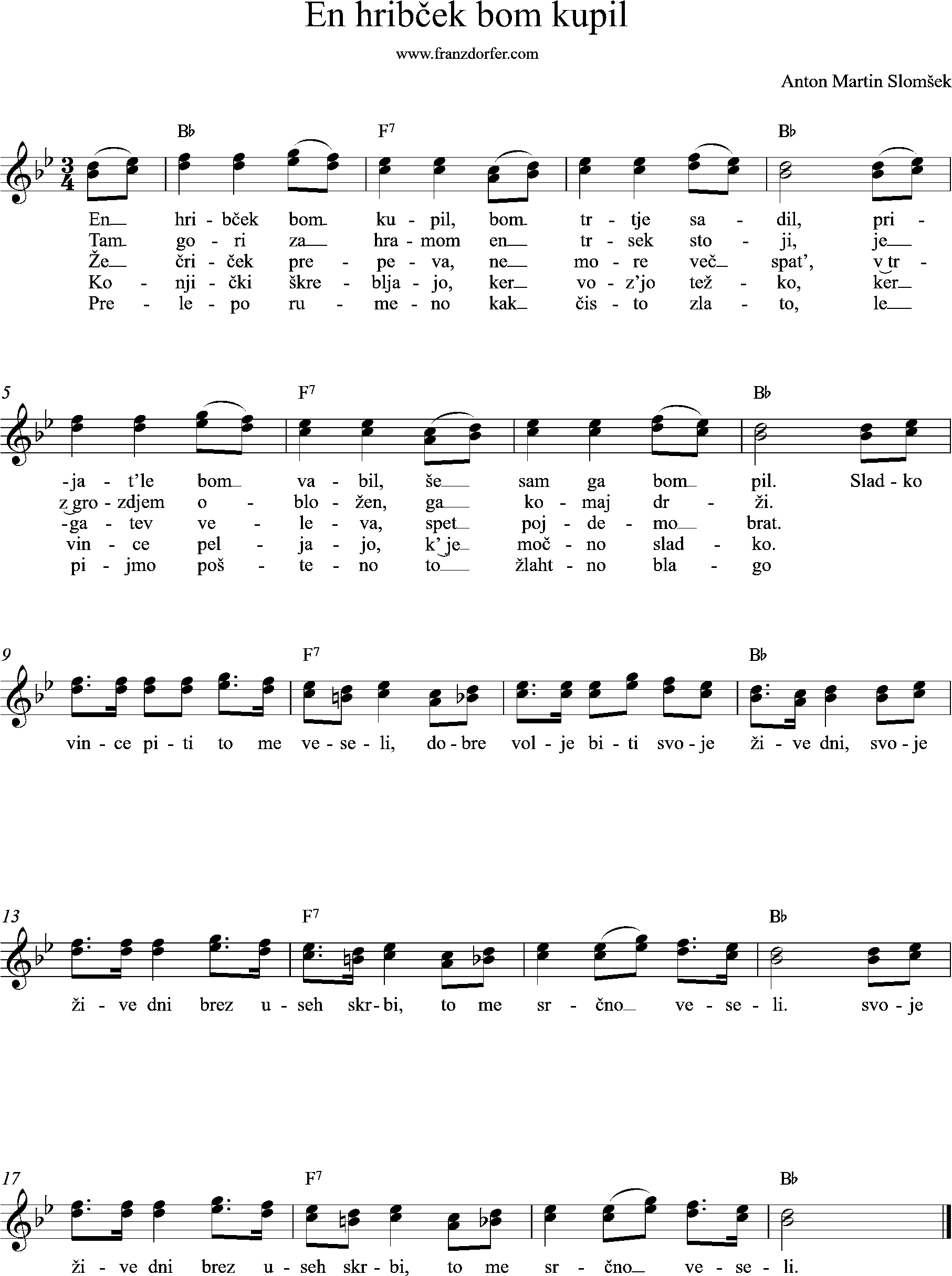 sheetmusic, Bb-Major, En hribček bom kupil